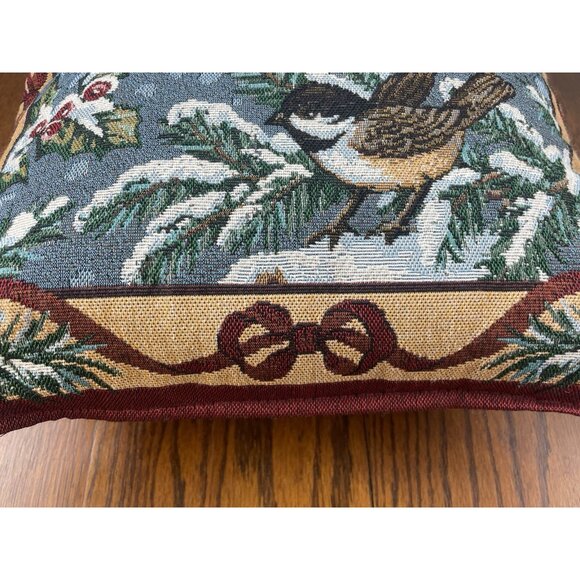 Tapestry Throw Accent Pillow 18”Christmas Chickadee  Mohawk Home Holly Snow Vtg - Picture 6 of 14